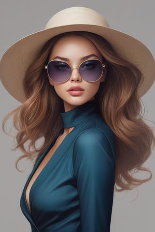 A mesmerizing digital fashion illustration featuring a sophisticated, modern woman exuding elegance and confidence. Wearing stylish sunglasses and a chic hat, her luxurious ensemble is adorned with vibrant colors and flowing lines. The artistic styles of Conrad Roset, Charlie Bowater, Artgerm, Gilles Beloeil, Fedya Serafiev, James Paick and Jan Tengnagel are masterfully blended, capturing the dynamic and expressive essence of Ross Tran and Fedya Serafiev. The illustration pays homage to the nostalgic elements and timeless brilliance of Fedya Serafiev, while meticulous attention to detail and masterful rendering techniques create a visually stunning composition. This captivating fashion illustration seamlessly merges various artistic influences and embodies both modernity and timeless appeal., picture, fashion, poster, illustration, product