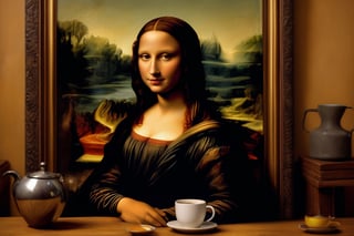 A fascinating and modern twist on the iconic Mona Lisa painting. Instead of the traditional smile and mysterious gaze, the Mona Lisa holds a cup of steaming coffee with a hint of caramel-colored cream. The overall atmosphere is playful and intriguing, inviting viewers to ponder the familiar yet altered scenario.