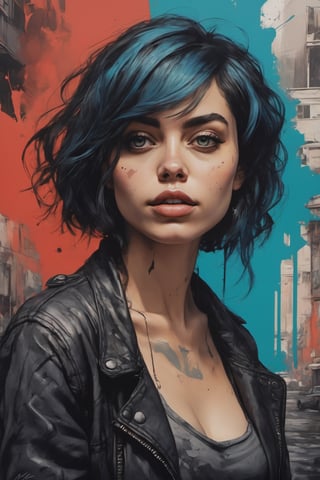 Highly detailed and hyper-realistic painting portrait of (a gorgeous petite 25-year-old woman, dark pixie haircut with long bangs, blue highlights and shaved sides, large and round forehead, upturned nose, small red mouth with pink lipstick, very similar to a 25-years-old Jenna Ortega, pale pearl skin, (curvy body:1.4), (beautiful big blue eyes:1.3), thick eyebrows, (big breasts:1.5), BREAK (posing barefeet:1.4), facing the viewer:1.2), standing in a cyberpunk post-futurist city. BREAK (aggressive and provocative expression:1.3), tough pose, (front view:1.4), looking at the viewer, (feet POV in foreground:1.8), ground level, BREAK vaporwave aesthetics, (full body shot:1.6), neon punk blue visual tone, (dark atmosphere and dull colors:1.2), eye level, bad slum in the background, BREAK muted colours, (extremely realistic and accurate:1.4), league of legends, BREAK octane render, intricate, ultra-realistic, elegant, highly detailed, digital painting, artstation, concept art, smooth, sharp focus, illustration, by ilya kuvshinov and krenz cushart, three-quarters view, sharp hard lines, brush strokes, watercolor, oil painting, ink panting, style by Agnes Cecile, Alberto Seveso, Anna Bocek, Carne Griffiths, Charlie Bowater, ink, Comic Book-Style 2d, detailmaster2, street art, graffiti,feet, feet out