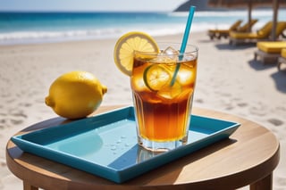 A stunning beach scene featuring a refreshing glass of ice-cold tea. The glass is filled to the brim with ice and tea, and water droplets glisten as they trickle down the sides. A straw pokes out from the top, and a vibrant lemon wedge sits on the edge of the glass. The table, adorned with a coaster and a napkin, is set up in the perfect spot on the beach, where the warm sand and gentle waves create an idyllic setting for relaxation.
