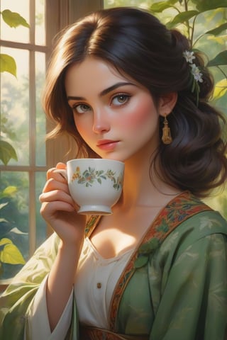 A serene watercolor painting, from Fedya's imagination, captures a close-up portrait of a young woman dressed in a Bulgarian folk costume, sipping tea from a delicate cup. She enjoys the view of vibrant green leaves framed by a minimalist glass window, allowing the warm sunlight to filter through and cast a gentle glow on her delicate features. The intricate details of the leaves and the woman's face are highlighted by this golden light. The backdrop reveals a harmonious blend of nature and modern architecture, with towering structures peeking through the greenery. The overall atmosphere evokes a sense of calm and unity between the natural world and the urban environment, which makes this picture a true work of art, painting, illustration and the beauty of Bulgaria.