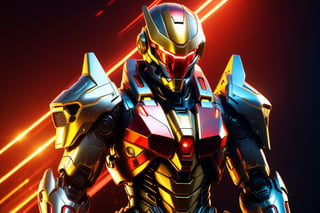 Robot soldier , anthropomorphic figure wearing futuristic mecha soldier armor and weapons, reflection mapping, realistic figure, hyper detailed, cinematic photography with lighting, 32k uhd with golden rod, red lighting on suit, by: panchovilla,mecha