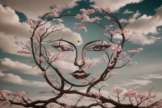 


A captivating and surreal conceptual illustration featuring an ultra-minimalist imaginary woman's face silhouette, skillfully created from intertwined branches and cherry blossom leaves. The sky is a canvas of vibrant colors, with clouds that resemble abstract art. The cherry blossom leaves are meticulously arranged and connected to form the simple line shape and shade of an imaginary woman's face, with her eyes, nose, and mouth made from the patterns created by the tree limbs. This striking blend of nature and art evokes a sense of both serenity and complexity, making it a perfect dark fantasy poster, cinematic illustration, and conceptual art piece that stands out as a unique photo., dark fantasy, cinematic, illustration, photo, conceptual art, poster
