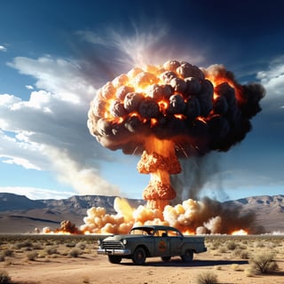 A huge atomic bomb is detonated in the Nevada desert, dramatic, very detailed, cinematic, detailed.