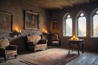 In a castle room from the 17th century, old furniture is on an old carpet, A sofa from the 17th century, an armchair, a small cabinet, a bookshelf and old oil paintings hanging on the wall.candles are burning, there is a slight darkness, A lady of war looking through the window in 17th century dressbut the sunlight is filtering through the glass, it is a very beautiful room.