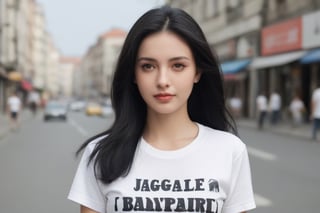 A very beautiful lady with black hair and a t-shirt,jaeggernawt,in the middle of the street.