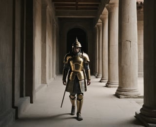 The soldier's armor emits a subtle hum, a stark contrast to the silence of the ancient temple. The air is thick with a sense of anticipation as he walks through the corridor, seemingly out of place in this historical setting. The juxtaposition of advanced technology against the classical backdrop creates a visually striking scene, capturing the essence of time travel and the collision of different eras.