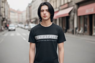 A very beautiful young man with black hair and a t-shirt,jaeggernawt,in the middle of the street.