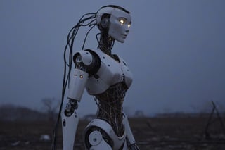 Despite the damage, the remaining left side of the robot lady stands tall, showcasing resilience and strength. Wires dangle from the broken components, emitting a soft glow as if the inner energy refuses to fade. The fallen pieces on the ground tell a story of unexpected vulnerability within this seemingly perfect creation.