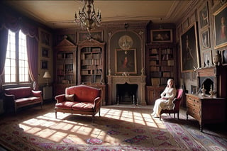 In a castle room from the 17th century, old furniture is on an old carpet, A sofa from the 17th century, an armchair, a small cabinet, a bookshelf and old oil paintings hanging on the wall.candles are burning, there is a slight darkness, A lady Standing in front of the window in the room , looking  at the garden 17th century dressbut. the sunlight is filtering through the glass, it is a very beautiful room.,Masterpiece