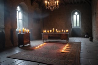 In a castle room from the 17th century, old furniture is on an old carpet, candles are burning, there is a slight darkness, but the sunlight is filtering through the glass, it is a very beautiful room.