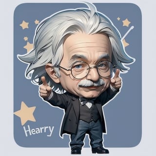 sticker of Einstein with staff harry potter in hand and pointing it upwards, detailed, chibi.