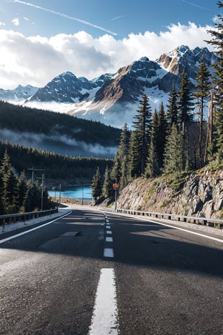 Mountain view on a cloudy sunny morning, photo from the middle of the road, no people, 8k, aesthetic, the road turns right, on the left you can see from a distance there is a lake, 