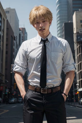 masterpiece, best quality, highres, dja, black necktie, white shirt, collared shirt, sleevesa rolled up, black pants, belt, short hair, normal denji, cowboy shot, sharp teeth, dja, fullHD, ultra detail, city background, blonde, hand in pocket,