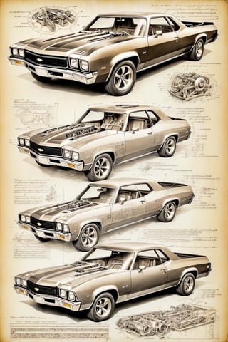 Leonardo DaVinci's art style on the theme of original  Chevrolet El Camino SS 1970 and parts on the style of Technical drawing and isometric views, colors only available during the Renaissance era, golden ratio,6000,Magical Fantasy style, pencil drawing 