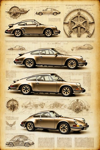 Leonardo DaVinci's art style on the theme of original Porsche 911 1963 and parts on the style of Technical drawing and isometric views, colors only available during the Renaissance era, golden ratio,6000,Magical Fantasy style, pencil drawing 