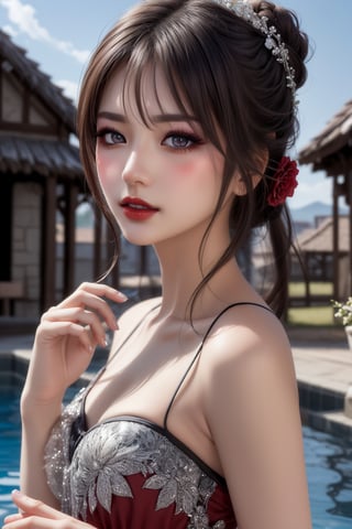 A serene village scene unfolds as a stunning girl cradles a flower in her hand. Her face, a masterpiece of delicacy, boasts slightly upturned lips painted with rich dark red lipstick. Her eyes, pools of beauty and detail, seem to sparkle with an inner light. Fine features and ultra-fine skin texture create a photorealistic effect. The gentle tilt of her head and 4 fingers plus thumb on each hand add a touch of realism. Against a picturesque backdrop, she exudes an air of aesthetic perfection.