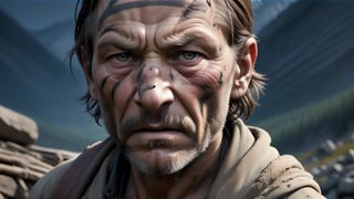Tough trapper, explorer, hardened face, full of scars, wrinkles, clothes with visible traces of the hardships of the journey, with inherent weapons in hand, fearless willpower, ability to survive, brutal world