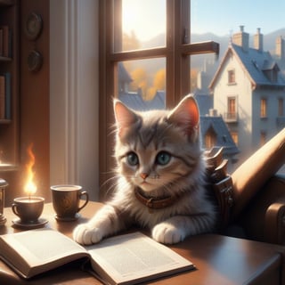 a young girl, solo, read a book, kitten sitting on the table, sitting next to the window, sunlight sprinkle, there is hot coffee on the table, rain outdoors, there is a warm fireplace),(masterpiece, best quality, ultra-detailed, 8K),beautiful house in mountains free space from trees, daylight:),bobcut,(colorful),cinematic lighting,midjourney
