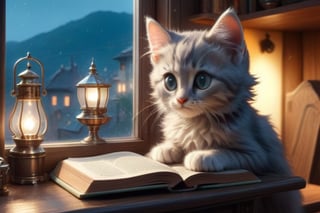 ((a young girl read a book:1.2)), kitten sitting on the table, sitting next to the window, late night, moon light sprinkle, warm lamp, there is hot tea on the table, rain outdoors, there is a warm fireplace),(masterpiece, best quality, ultra-detailed, 8K),beautiful house in mountains free space from trees, daylight:),bobcut,(colorful),cinematic lighting,midjourney
