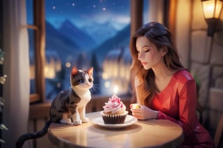 (( a girl in her twenties and her kitten are sharing one beautiful cupcake:1.2)), Romantic French lady, long hair, pretty face, (a kitten sitting on the table), sitting next to the window, late night, moon light sprinkle, warm lamp, there is hot tea on the table, rain outdoors, there is a warm fireplace),(masterpiece, Long focal length lens，best quality, ultra-detailed, 8K),beautiful house in mountains free space from trees, daylight:),bobcut,(colorful),cinematic lighting,midjourney

