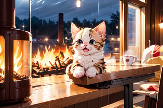 a coffee shop,(girl:1.3),sitting next to the window,sunlight sprinkle,there is hot coffee on the table, (a kitten sitting on the table:1.1), rain outdoors,there is a warm fireplace in the coffee shop, high detail, best quality  ,realhands,cat