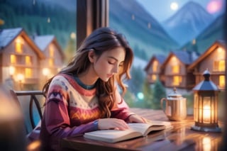 (( a girl in her twenties is reading a book:1.2)), long hair, pretty face, a kitten sitting on the table, sitting next to the window, late night, moon light sprinkle, warm lamp, there is hot tea on the table, rain outdoors, there is a warm fireplace),(masterpiece, best quality, ultra-detailed, 8K),beautiful house in mountains free space from trees, daylight:),bobcut,(colorful),cinematic lighting,midjourney
