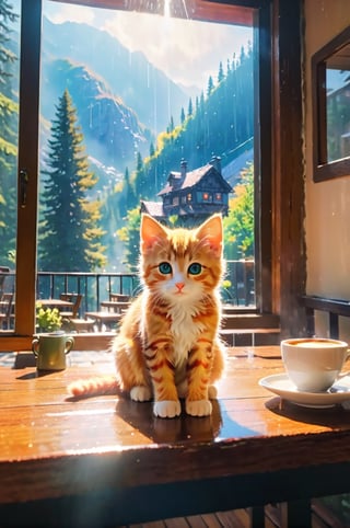 a coffee shop, (girl:1.3), (kitten sitting on the table:1.1), sitting next to the window, sunlight sprinkle, there is hot coffee on the table, rain outdoors, there is a warm fireplace in the coffee shop,, (masterpiece, best quality, ultra-detailed, 8K),beautiful house in mountains free space from trees, daylight:),bobcut,(colorful),cinematic lighting,midjourney