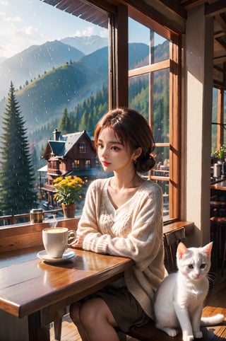 a coffee shop, (girl:1.3), (kitten sitting on the table:1.1), sitting next to the window, sunlight sprinkle, there is hot coffee on the table, rain outdoors, there is a warm fireplace in the coffee shop,, (masterpiece, best quality, ultra-detailed, 8K),beautiful house in mountains free space from trees, daylight:),bobcut,(colorful),cinematic lighting,midjourney