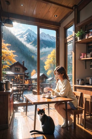 a coffee shop, (girl:1.3), (kitten sitting on the table:1.1), sitting next to the window, sunlight sprinkle, there is hot coffee on the table, rain outdoors, there is a warm fireplace in the coffee shop,, (masterpiece, best quality, ultra-detailed, 8K),beautiful house in mountains free space from trees, daylight:),bobcut,(colorful),cinematic lighting,midjourney