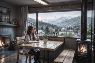 a coffee shop,(a long hair pretty girl seats next to the window), perfect face, sunlight sprinkle, there is hot coffee on the table, cozy, (one kitten sitting on the table:1.1), rain outdoors, there is a warm fireplace in, (masterpiece, best quality, ultra-detailed, 8K),beautiful house in mountains free space from trees, daylight:),bobcut,(colorful),cinematic lighting,midjourney