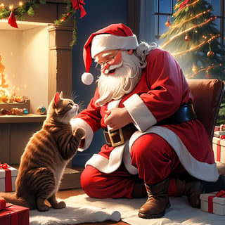 Masterpiece, high quality,Santa Claus is playing with his cat after a hard day's work, the atmosphere is hostile, Super Detail, Full HD