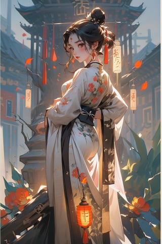 Hanama wine, 1girl, lantern, long hair, black hair, solo, dress, branch, white dress, jewelry, water, chinese clothes, hair ornament, night, hair bun, facial mark, full body, flower, petals, tree, light, holding,anime,szhf dress,winterhanfu,chinese_painting,Chinese style,HOG_Calligraphy_Tatoo