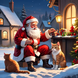 Masterpiece, high quality,Santa Claus is playing with his cat after a hard day's work, the atmosphere is hostile, Super Detail, Full HD