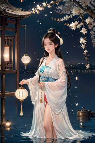 Hanama wine, 1girl, lantern, long hair, black hair, solo, dress, branch, white dress, jewelry, water, chinese clothes, hair ornament, night, hair bun, facial mark, full body, flower, petals, tree, light, holding,anime,szhf dress,winterhanfu,chinese_painting,Chinese style,xxmix_girl,LinkGirl