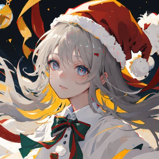 (masterpiece,best quality),finely detail, solo, colorful, detailed eyes, floating_hair,1girl, hat, gray_hair, long_hair, christmas