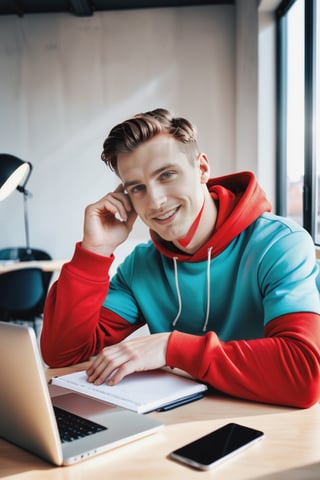 A charming Instagram model sitting in his modern desk with laptop and other gadgets lying on it.  wearing a red hoodie that showcases their vibrant personality. The model has a cheerful smile and their eyes are captivating, drawing viewers in. The indoor environment is modern and chic, with minimalist decor and soft pastel colors. The sunlight streaming through the window highlights their features and creates a warm atmosphere. The camera captures the model in a medium shot, with a 50mm lens, emphasizing their natural beauty and fashion sense. The image has a high resolution of 4K, with soft, natural lighting that enhances the model's skin tones and the colors of their outfit. The inspiration for this image comes from fashion photographers on platforms like Instagram and Vogue. The render style is focused on realism and detailed textures, and the final result is a captivating portrayal