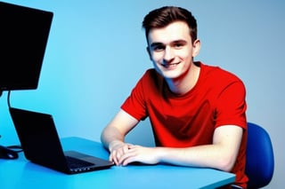 A young man, wearing red t-shirt and blue jeans, sitting in a studio room, looking in the camera, computer desk, microphone, light at back, table in front, laptop on table, little smile on face ,make_3d