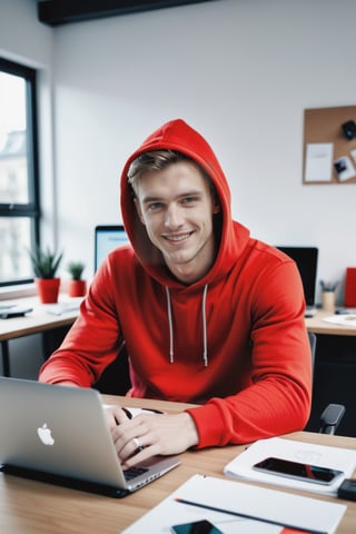 A charming Instagram model sitting in his modern desk with laptop and other gadgets lying on it.  wearing a red hoodie that showcases their vibrant personality. The model has a cheerful smile and their eyes are captivating, drawing viewers in. The indoor environment is modern and chic, with minimalist decor and soft pastel colors. The sunlight streaming through the window highlights their features and creates a warm atmosphere. The camera captures the model in a medium shot, with a 50mm lens, emphasizing their natural beauty and fashion sense. The image has a high resolution of 4K, with soft, natural lighting that enhances the model's skin tones and the colors of their outfit. The inspiration for this image comes from fashion photographers on platforms like Instagram and Vogue. The render style is focused on realism and detailed textures, and the final result is a captivating portrayal