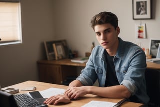an 18 years old handsome italian man, wearing a jean jacket and t-shirt, sitting in his studio, black modern desk, computer on the table, some gadgets lying around the desk, modern blue lighting ,seeing into the camera, proper face, sharp focus, finely detailed eyes and face, short hair, fade haircut, male_only, sharp skin, handsome Italian,
