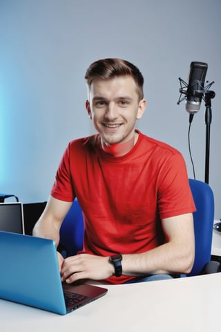 A young man,  wearing red t-shirt and blue jeans, sitting in a studio room, looking in the camera, computer desk, microphone, light at back, table in front, laptop on table, little smile on face ,make_3d