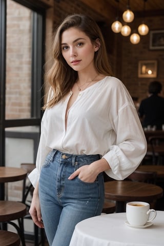 (8K, Ultra high res:1.1) Claire, a stunning European-American woman in her late 20s, enjoys a delightful encounter at a charming cafe. She wears a chic Blouse with High-Waisted Jeans, showcasing her effortless style. The high-resolution image captures ultra-detailed realism, highlighting Claire's captivating blue eyes, porcelain complexion, and flowing blonde hair. The cozy cafe with its artistic decor and steaming cups of coffee adds to the intimate atmosphere, creating a visually captivating representation of Claire's European sophistication.