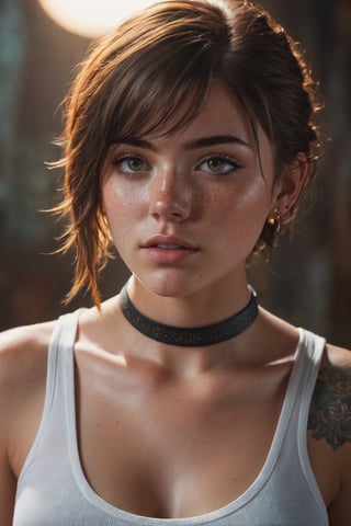 dramatic lighting, medium hair girl , detailed face, detailed nose,  wearing white tank top, freckles, collar or choker, tattoo, intricate background ,realism,realistic
