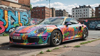 A Mersedes inspired by Porsche, parked in city area background, perspective view, symmetrical, (colorful,graffiti):0.5,more detail XL