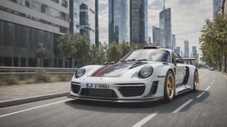 A futuristic hi-tech Rally Car inspired by Porsche 959, on the road in city area background, front view, symmetrical,