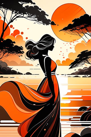 Very beautiful and elegant girl in sunset, masterpiece, monochrome, ink art. 