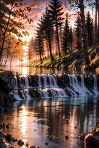 Landscape, sky, blurry, tree, autumn, water falls, river, stunning aesthetics, sunlight, majestic forest, beautiful and detailed image, reflection, sunset, 8k,detail,Detail,Detailed,Beautiful