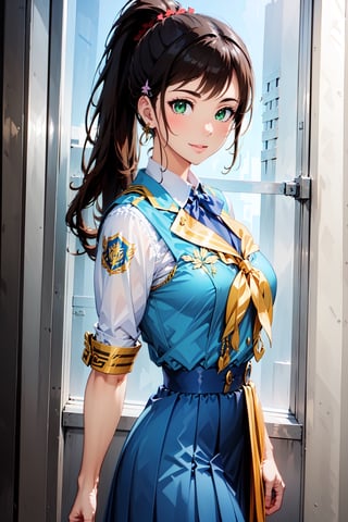 Beautiful girl. She is very badass. She's wearing a beautiful school girl uniform. The background of the picture is a luxurious high school. Detailed eyes, detailed image, detailed skin. Ponytail hairstyle, brown hair. Green eyes.,Details 