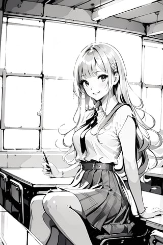 solo, 1girl, long white hair, smile, charming girl, looking at viewer, very beautiful woman, (upper body), classroom in background, hairpin, long hair, straight hair, hime cut, sitting in desk, shoujo manga style, manga art style, schoolgirl uniform, makeup, blush, ((monochrome)), gray scale, greyscale, ((Pencil sketch)), professional style, detailed image, ((masterpiece quality: 2)), attractive image. ,Details,Detailed Masterpiece,Reflections