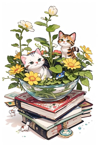 Tiny figurines of cats and various small objects surround a whimsical floral arrangement, as delicate as a butterfly's wing. From above, the scene unfolds like a miniature world, where tiny vases, books, and other trinkets fill the frame with meticulous detail. The simple yet playful presence of the feline friends adds to the visual charm.,Chibi